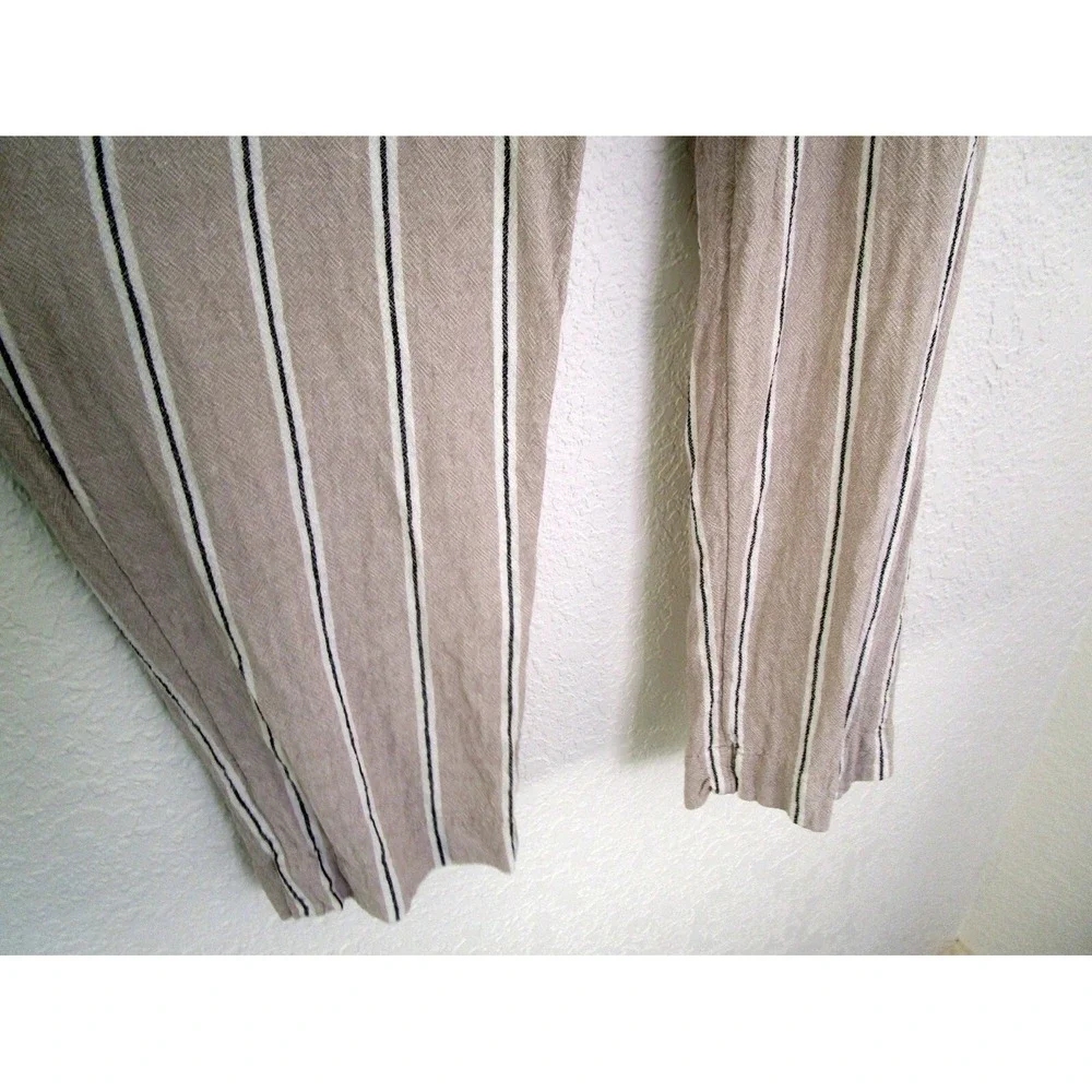 H&M Linen Blend Paper Bag Striped Women's Pant Size 10 Beige Coastal Boho